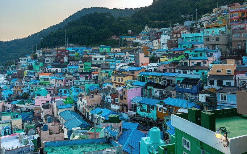 Colorful pastel-painted houses on the hillside of Gamcheon Culture Village
