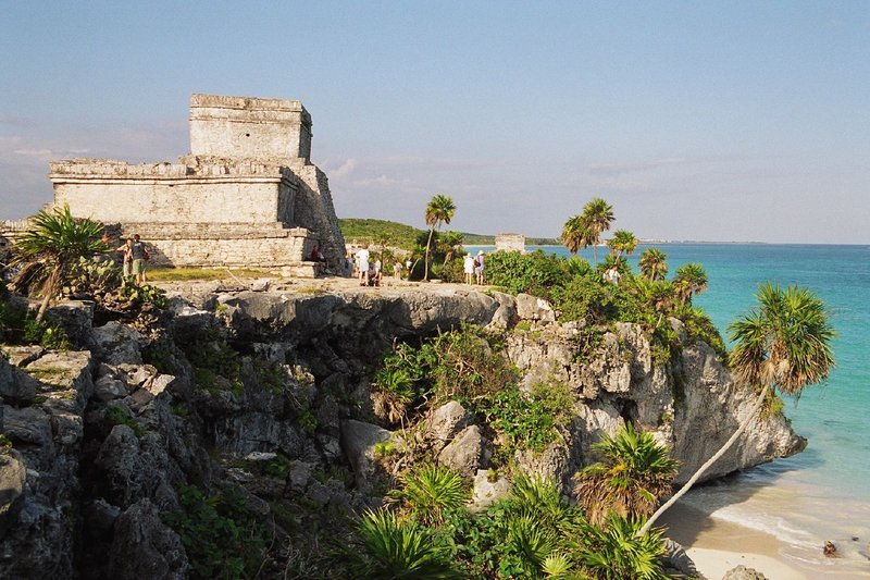 Tulum Caribbean beach below the cliffside ruins