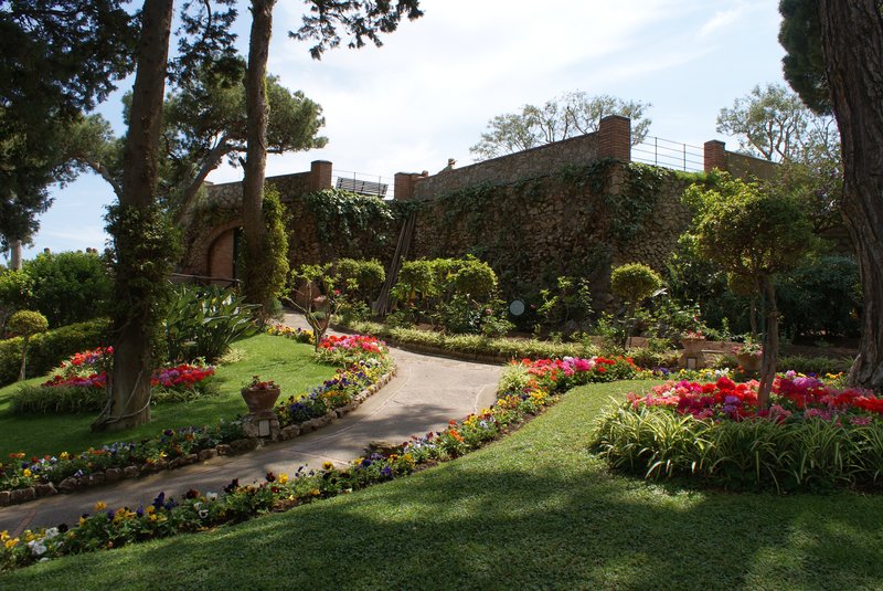 Terraced Gardens of Augustus with Faraglioni sea stacks panorama, Capri