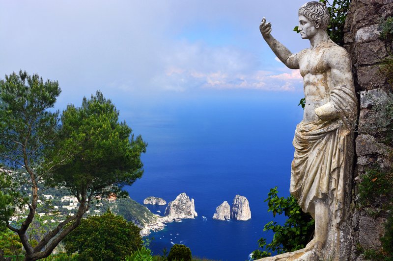 View from Monte Solaro of the Faraglioni rocks and sea, Capri