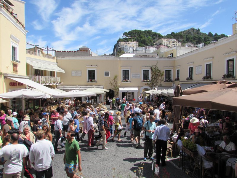 Piazza Umberto I, the Piazzetta of Capri, with clock tower and café terraces