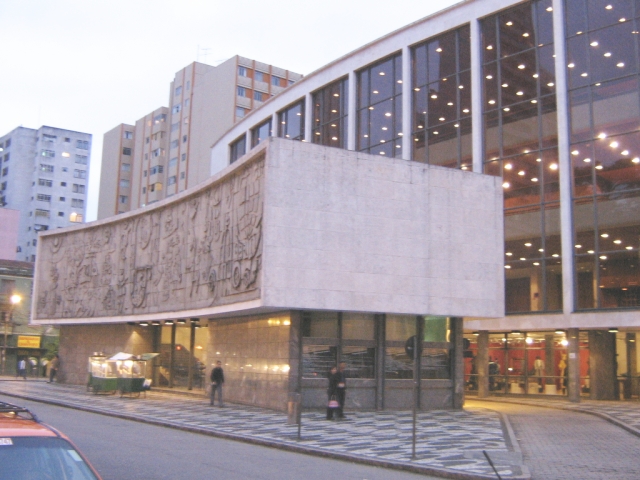 Brutalist façade of Teatro Guairá, Curitiba's main performing arts complex