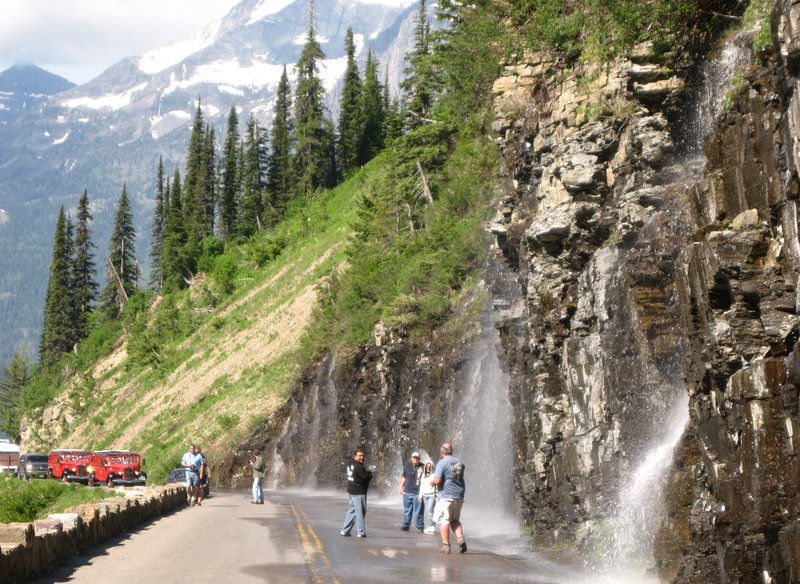 Water seeping down the cliff face over Going-to-the-Sun Road at the Weeping Wall in Glacier National Park