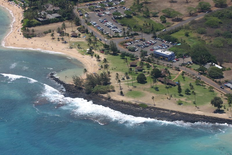 Aerial view of Poipu Beach Park twin coves, Kauai