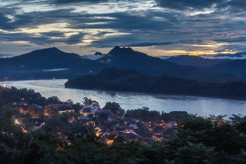 View from Mount Phousi at dusk over the Mekong River and Luang Prabang old town