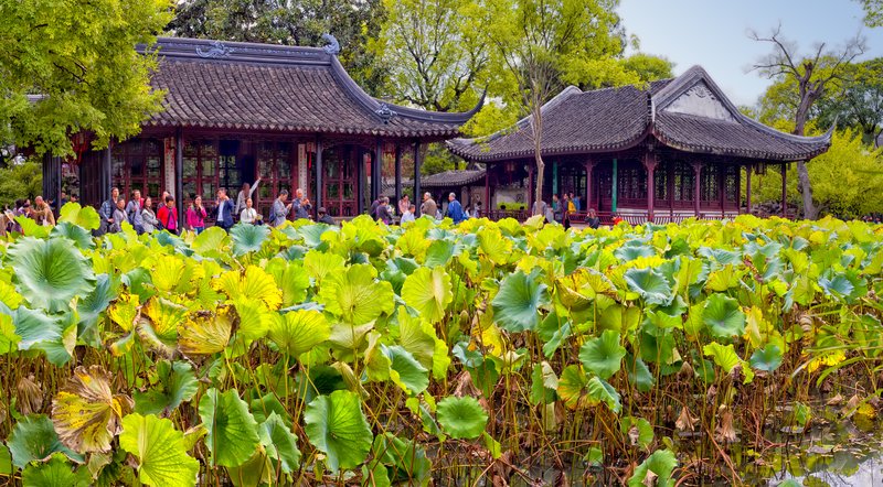 Humble Administrator's Garden Suzhou pavilion and covered walkway over lotus pond
