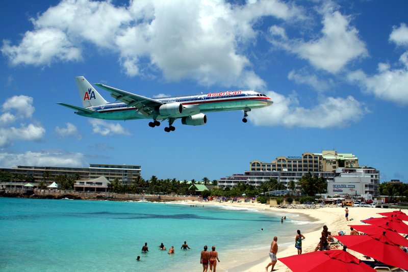 Maho Beach with aircraft on final approach overhead, Sint Maarten
