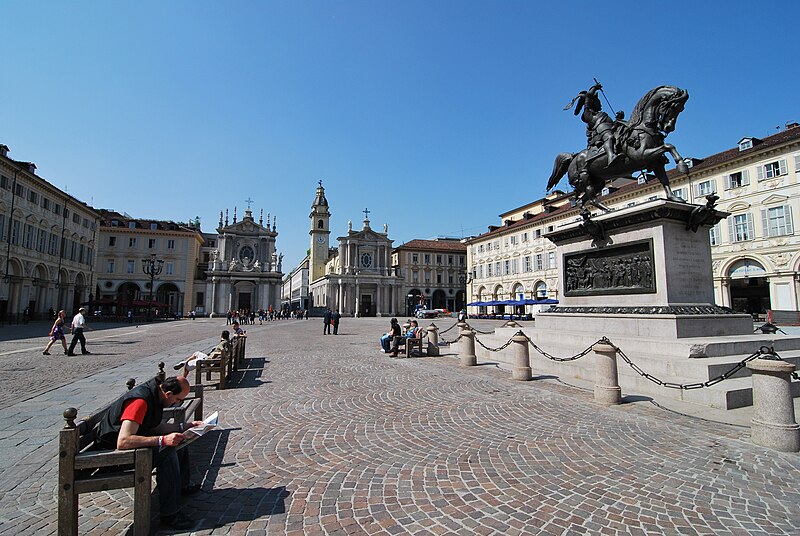Piazza San Carlo with equestrian statue and baroque arcades