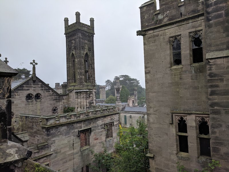 Ruined Gothic towers of the historic Alton Towers mansion, Staffordshire