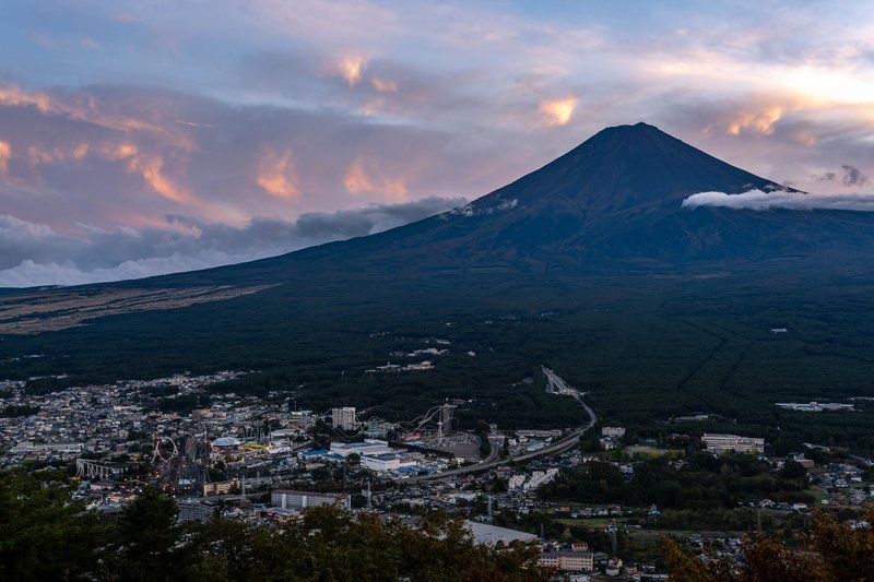 Mount Fuji rising above Fuji-Q Highland's rides