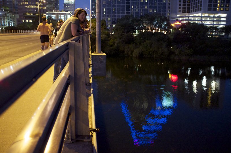 A column of bats streaming out from under the Congress Avenue Bridge in Austin at dusk