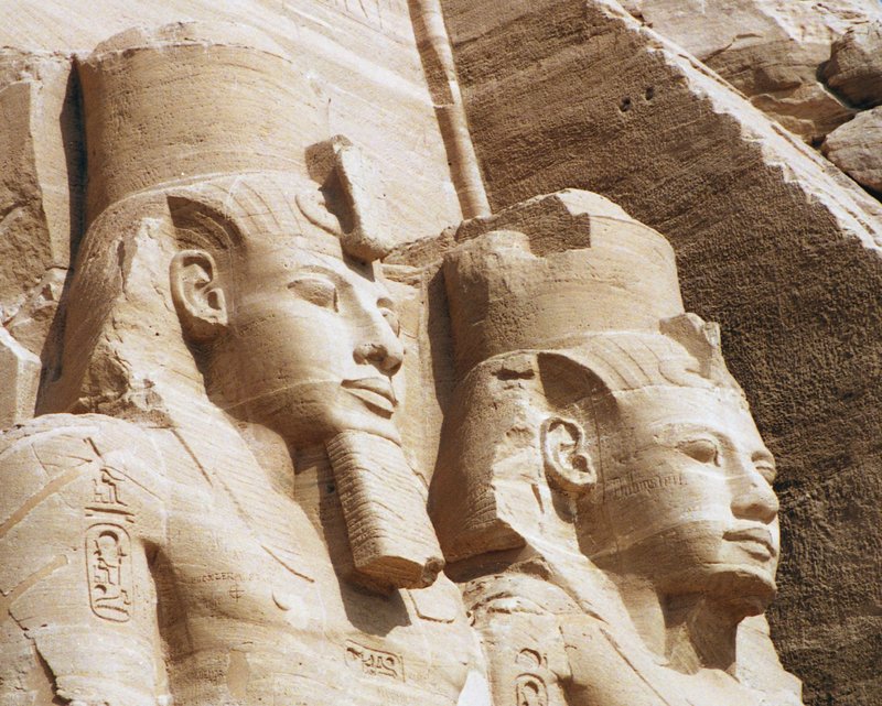 Colossal seated statues of Ramesses II at the rock-cut facade of the Great Temple of Abu Simbel