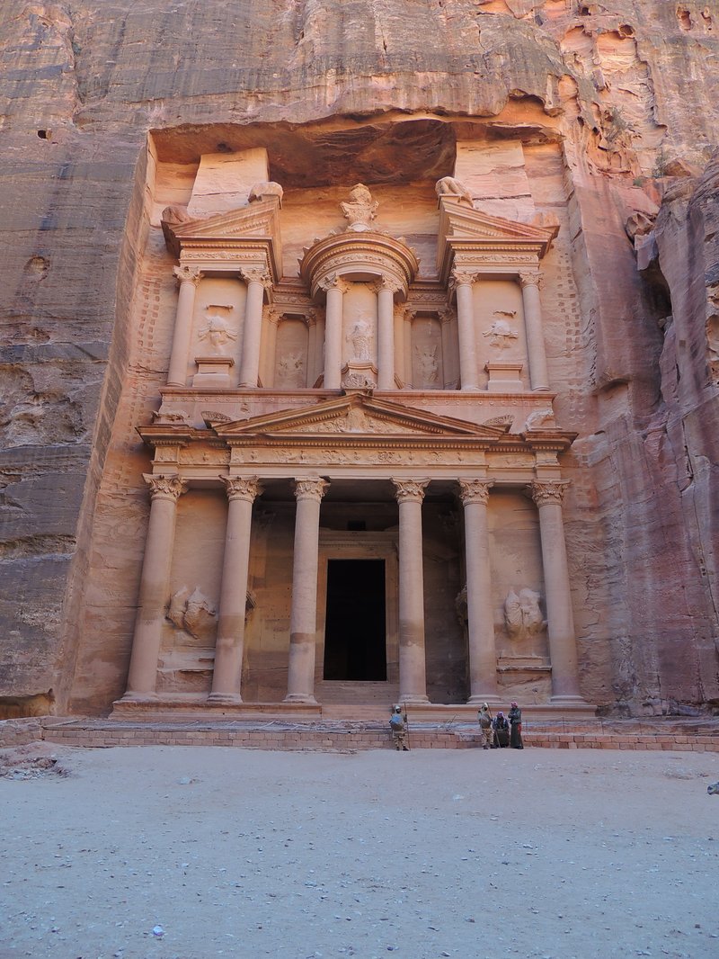 Al-Khazneh facade carved into rose-red sandstone at Petra