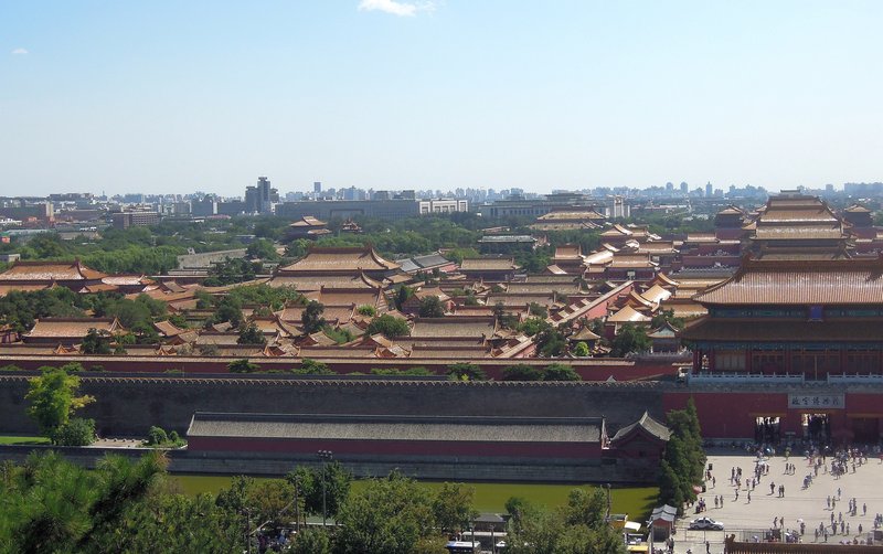 Aerial view over the walled Forbidden City complex in Beijing