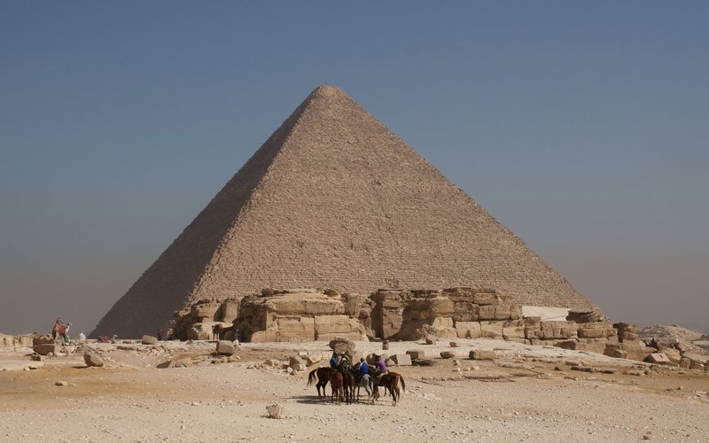 The Great Pyramid of Giza rising from the desert plateau