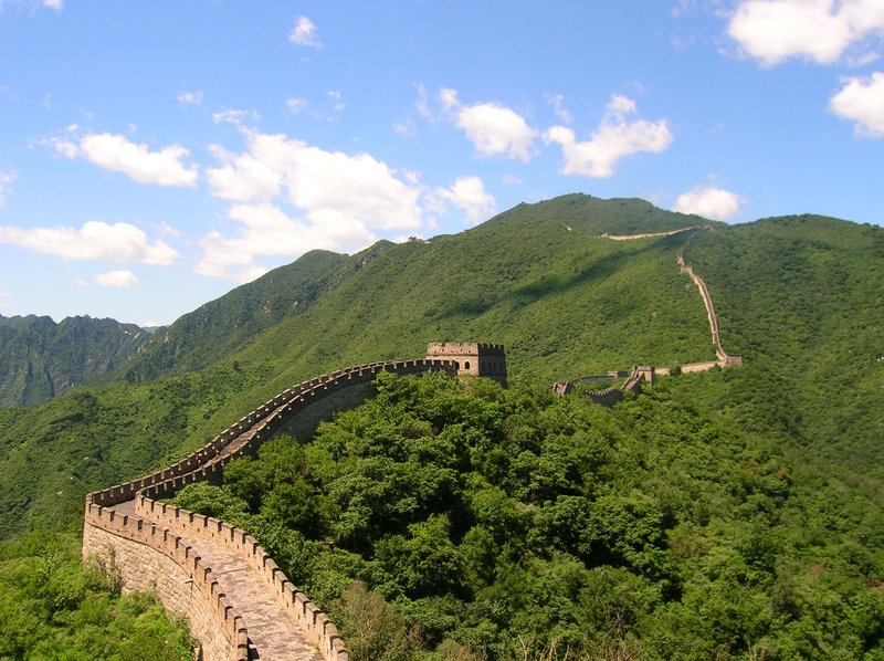 The Great Wall of China winding across mountain ridgelines