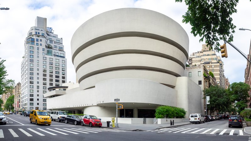 The Guggenheim Museum's spiraling white rotunda facade on Fifth Avenue, New York City