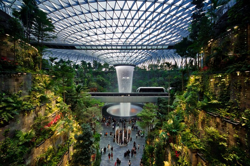 Rain Vortex waterfall beneath the glass dome, Jewel Changi Airport