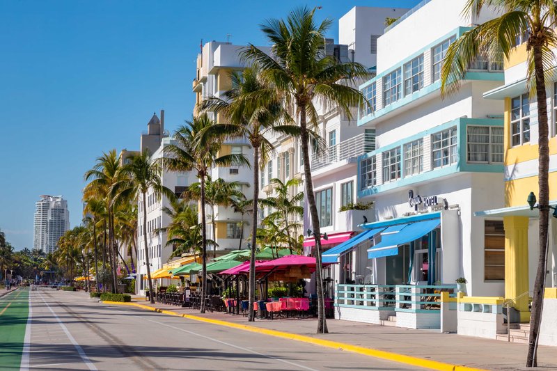 Pastel Art Deco hotel facades along Ocean Drive in Miami Beach