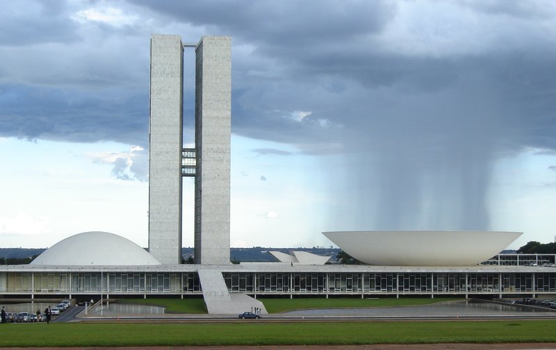 National Congress of Brazil's twin towers, dome, and bowl in Brasília