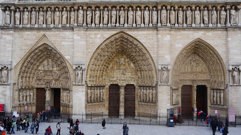 West facade of Notre-Dame de Paris with its portals, tympanums, and gallery of kings