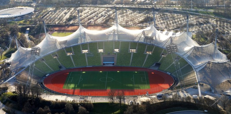 Munich Olympic Stadium tensile roof, viewed from Olympic Tower