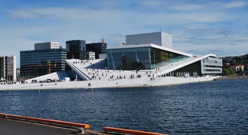 Oslo Opera House's white marble roof slopes down to the waterfront
