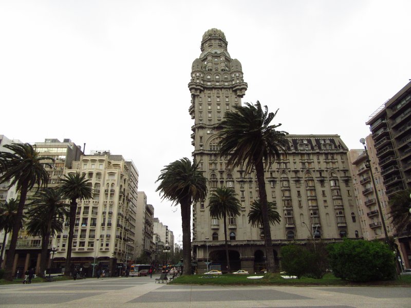 The tiered tower of Palacio Salvo above Plaza Independencia in Montevideo