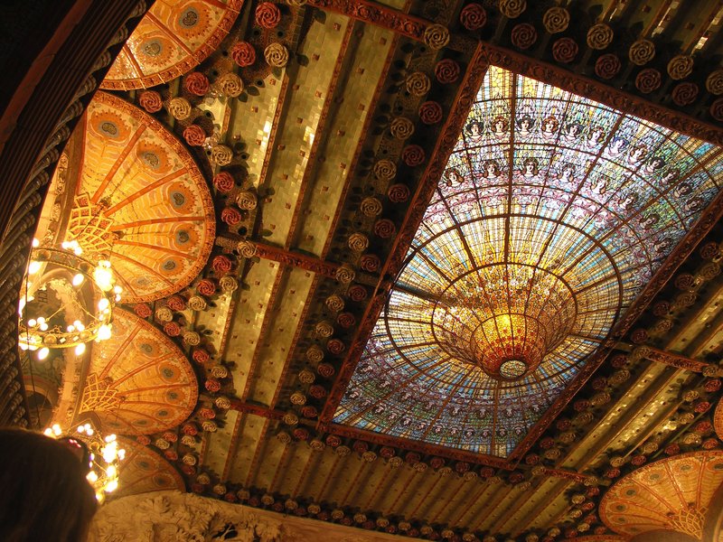 Inverted stained-glass skylight dome inside the Palau de la Música Catalana concert hall