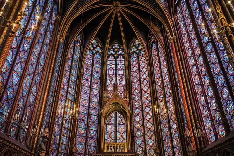 The upper chapel of Sainte-Chapelle with its towering stained-glass windows