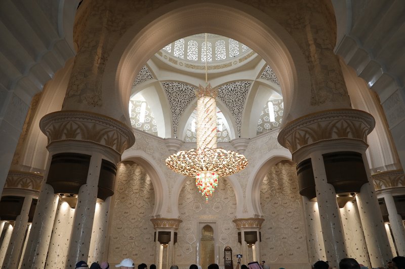 Main prayer hall of the Sheikh Zayed Grand Mosque with its central chandelier and marble columns