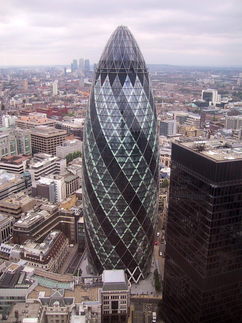 30 St Mary Axe (the Gherkin) rising above the City of London