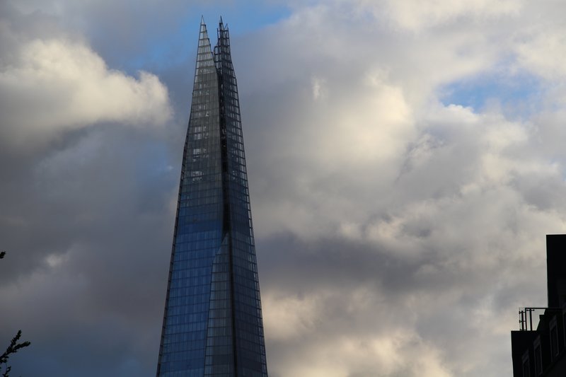 The Shard's tapering glass spire against the London sky