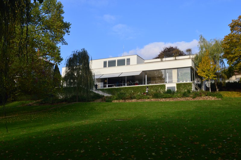 The glazed garden facade of Villa Tugendhat by Mies van der Rohe