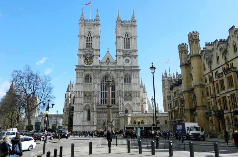 The twin west towers and Gothic facade of Westminster Abbey