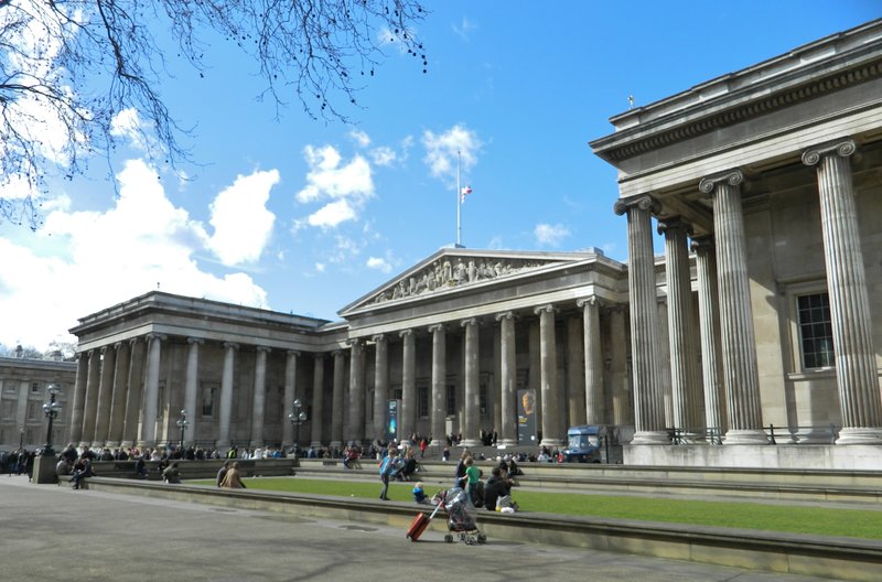 Neoclassical facade and columned entrance of the British Museum, London