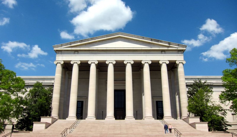Neoclassical facade of the National Gallery of Art West Building in Washington, D.C.