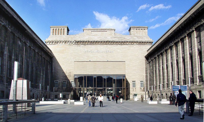 Front facade and entrance plaza of the Pergamon Museum on Museum Island, Berlin
