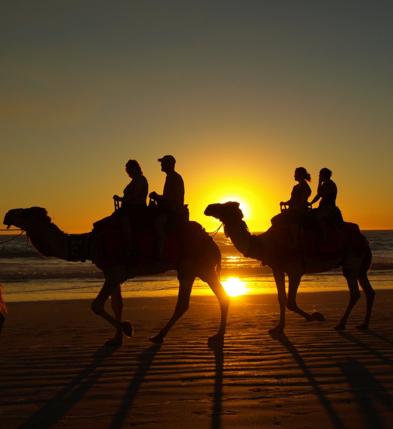Silhouetted camel train at sunset on Cable Beach, Broome