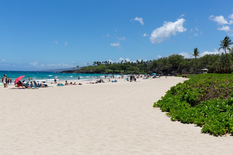 Wide sweep of white sand at Hapuna Beach on the Big Island's Kohala Coast