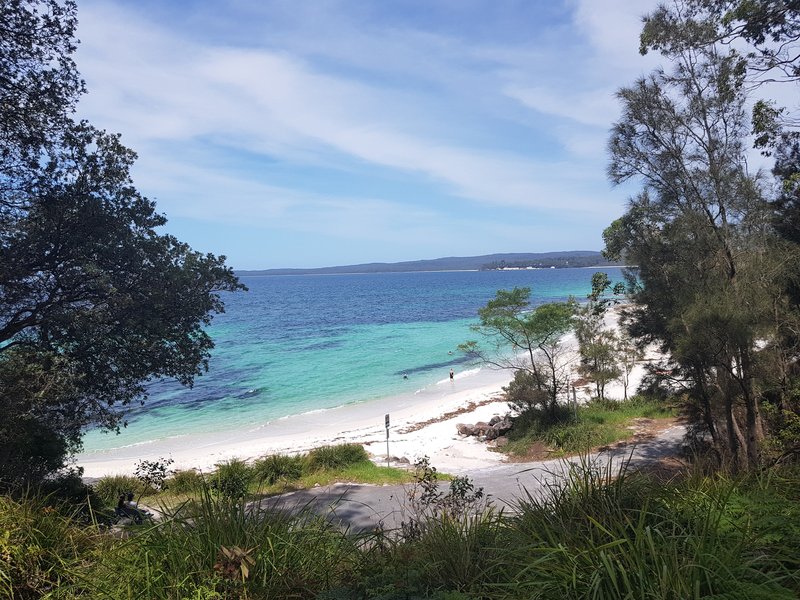 Fine white sand and clear turquoise water at Hyams Beach, framed by bushland, Jervis Bay