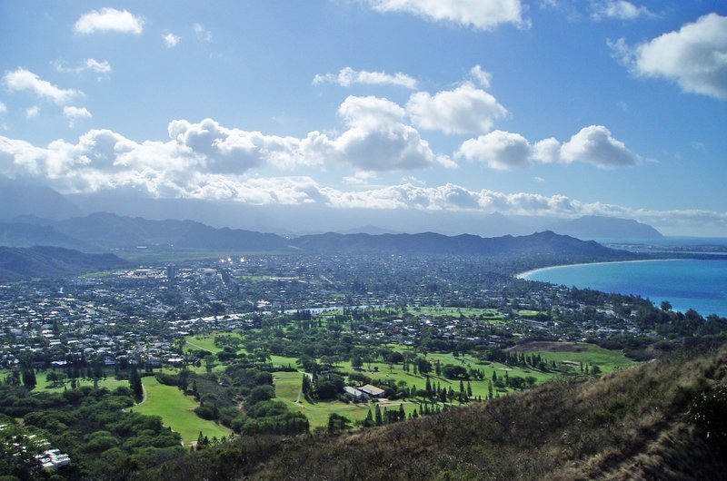 Aerial view of Kailua town and the turquoise waters of Kailua Bay, Oahu