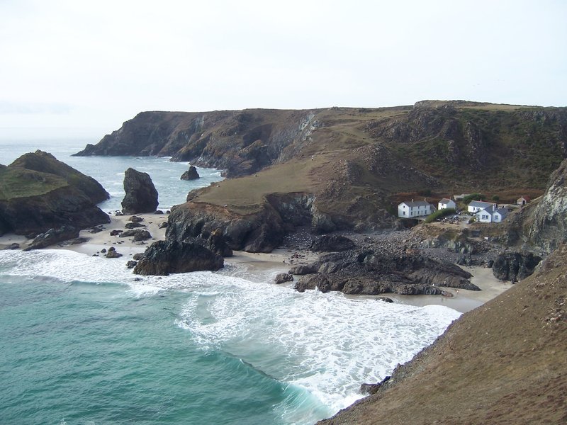 Serpentine rock stacks and sandy cove at Kynance Cove, Lizard Peninsula, Cornwall