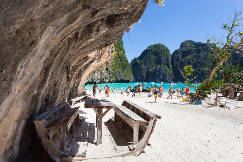 Maya Bay cove enclosed by limestone cliffs, Phi Phi Leh, Thailand