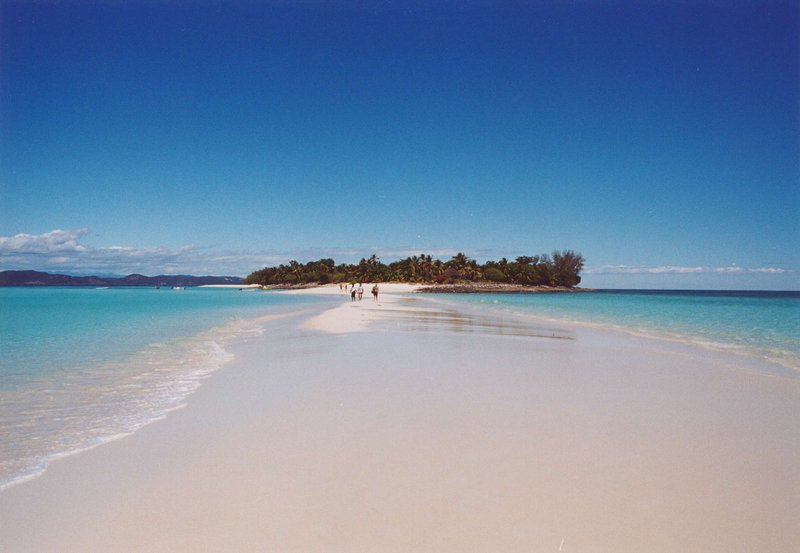The sandbar joining Nosy Iranja's two islets, surrounded by shallow clear water