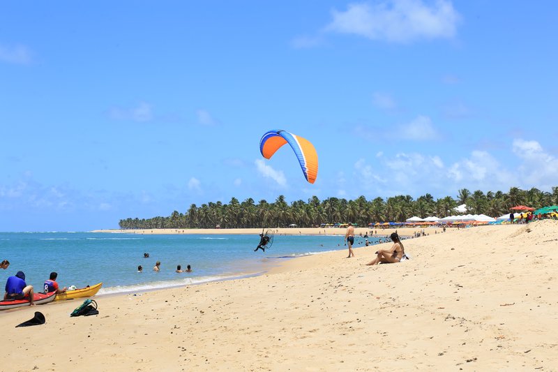 Coconut palms above the sandbar where the Roteiro lagoon meets the sea at Praia do Gunga