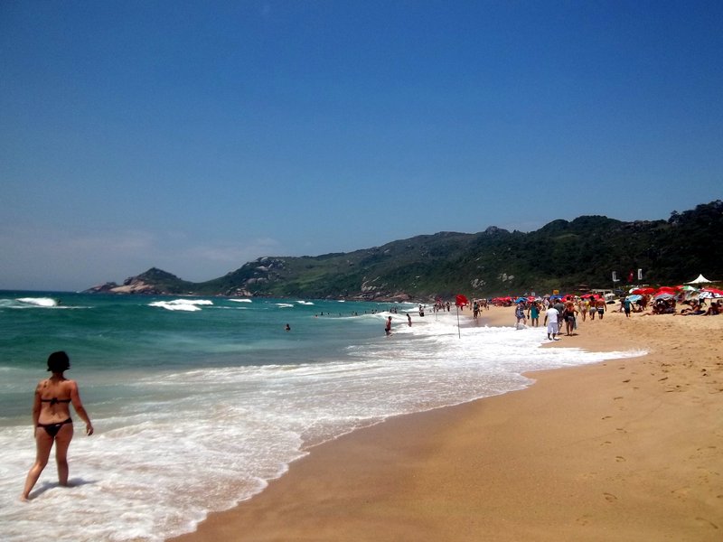 Surf breaking on the open sand of Praia Mole, Florianópolis