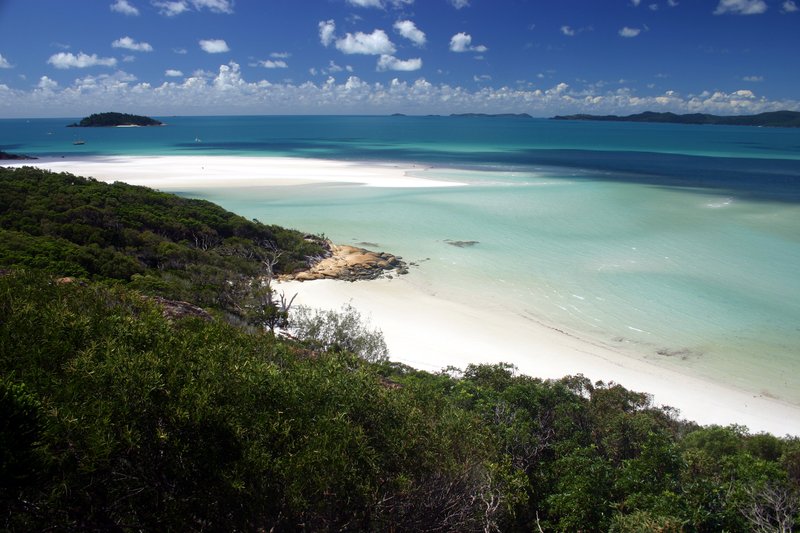 View over the fine white sand and swirling shallows of Whitehaven Beach, Whitsunday Island