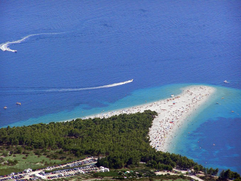Aerial view of the tapering Zlatni Rat spit on Brač, Croatia