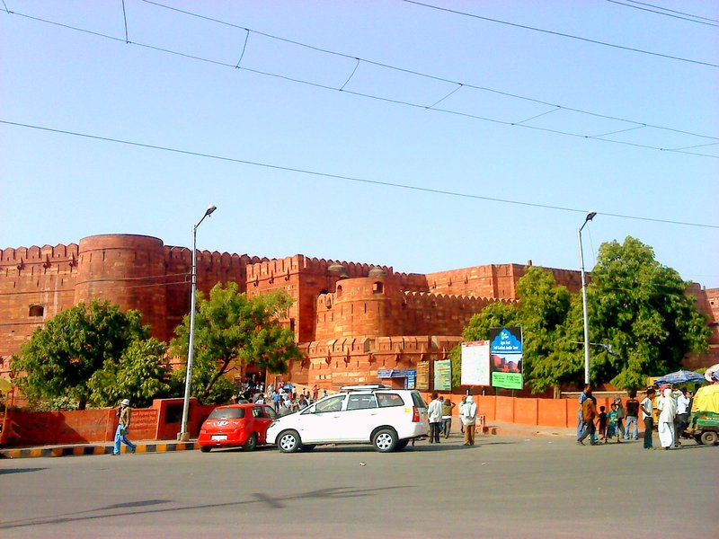 Red sandstone ramparts and bastion of Agra Fort, India